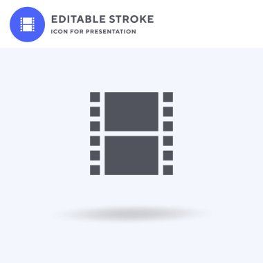 Film ikonu vektörü, düz tabela, beyaz üzerine izole edilmiş katı resim, logo illüstrasyonu. Sunum için film simgesi.