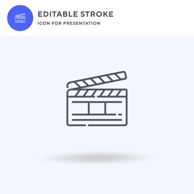 Clapperboard simge vektörü, düz tabela, beyaz üzerine izole edilmiş katı piktogram, logo illüstrasyonu. Sunum için alkış simgesi.