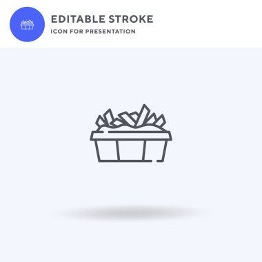 Poutine ikon vektörü, düz tabela, beyaz üzerine izole edilmiş katı piktogram, logo illüstrasyonu. Sunum için poutine simgesi.