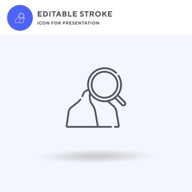 Araştırma simgesi vektörü, düz tabela, beyaz üzerine izole edilmiş katı resim, logo illüstrasyonu. Sunum için araştırma simgesi.