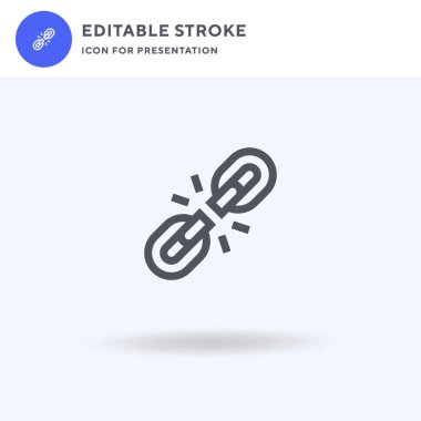 Kırık Link ikon vektörü, düz tabela, beyaz üzerine izole edilmiş katı piktogram, logo illüstrasyonu. Sunum için Kırık Bağ simgesi.