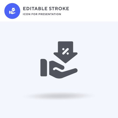 İndirimli simge vektörü, düz tabela, beyaz üzerine izole edilmiş katı piktogram, logo illüstrasyonu. Sunum için indirim simgesi.