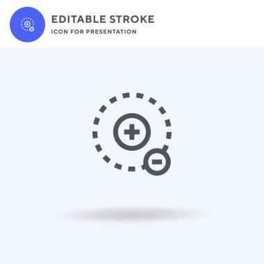 Elektron ikon vektörü, düz tabela, beyaz üzerine izole edilmiş katı piktogram, logo illüstrasyonu. Sunum için elektron simgesi.