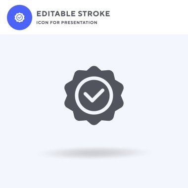 Kalite simgesi vektörü, düz tabela, beyaz üzerine izole edilmiş katı piktogram, logo illüstrasyonu. Sunum için kalite simgesi.