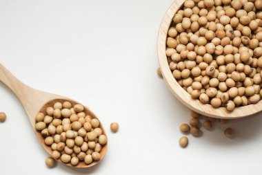 Beyaz arka planda ahşap kasede çiğ organik soya fasulyesi ve metin için ortada boş alan, üst görünüm..