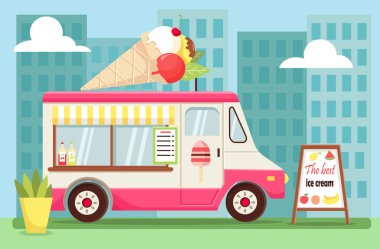 Pembe dondurma minibüsünün vektör çizimi. Mavi arka planda cam pencereli yaz kamyonu. Reklam panoları. Web, grafik, tasarım için yüksek binalar. Çatıda dondurma..