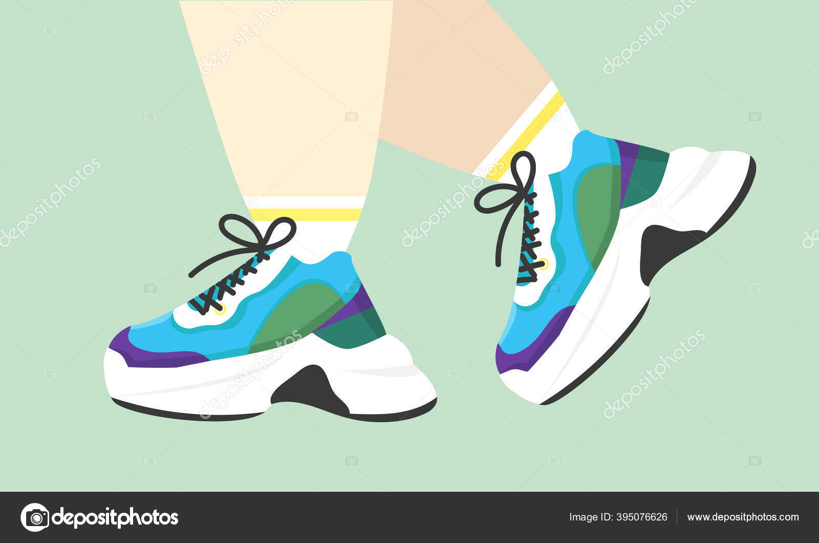 Vector Illustration Pair Walking Feet Colorful Sneakers
