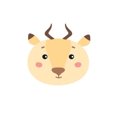 Şirin bir antilobun vektör çizimi. Egzotik memeliler. Beyaz arka planda izole edilmiş. Afrika tropik hayvanları. El yapımı savana ceylanı. Komik baş safari antilobu. Çizgi film ve düz stil.