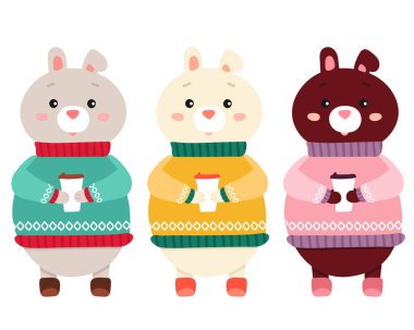 Kartpostal, web, tasarım için beyaz bir arkaplanda izole edilmiş, sıcak renkli kazaklı şirin tavşanların vektör çizimi. Tavşan bir fincan kahve tutuyor. Kış hayvanları..