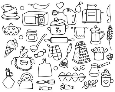 Mutfak elementleri seti. Koleksiyon hattı ve ana yemek pişirme aletleri. Çatal bıçaklar. El çizimi vektör çizimi. Beyaz arka planda izole edilmiş. Tasarım, ağ, grafik için.