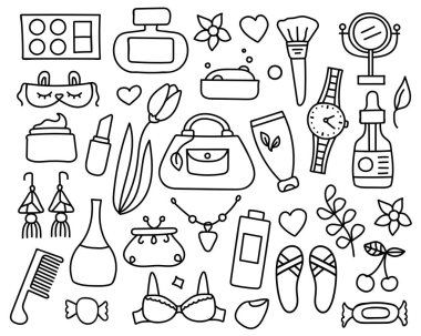 Bir dizi karalama güzellik elementleri. Vektör çizimi. Çizgi ve özet koleksiyon kozmetik ürünleri. Beyaz arka planda izole edilmiş. El yapımı makyaj aletleri. Tasarım, grafik, ağ için.