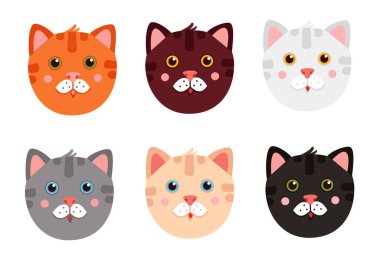 Pembe yanaklı renkli kedi yüzleri. Turuncu, kahverengi, beyaz, gri, bej, siyah kedi gibi. Şirin tekir kedi. Beyaz arka planda izole edilmiş. Vektör çizimi. Tasarım, ağ, grafik için.