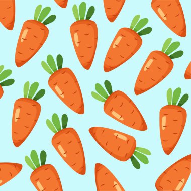 Mavi arka planda kırmızı havucun vektör çizimi. Sebze dekorasyonu. Tasarım, grafik, kartpostal, ağ deseni. Çizgi film tarzı. Vejetaryen süsü.