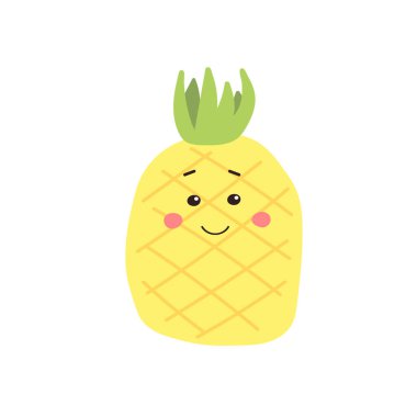 Sarı komik ananasın resmi. Düz vektör çizimi. Beyaz arka planda izole edilmiş. Gülen surat ve yeşil bluzlu meyve. Çizgi film tarzı. Tasarım, ağ, grafik için.