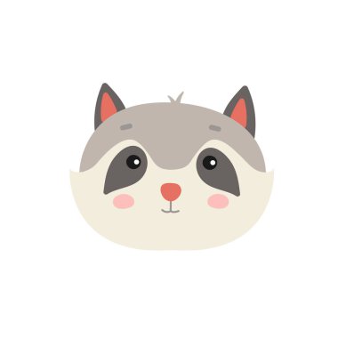 Rakun yüzünün vektör çizimi. Çizgi film ve düz stil içinde şirin rakun. Ağ, grafik ve dizayn için. Orman hayvanı kafası..