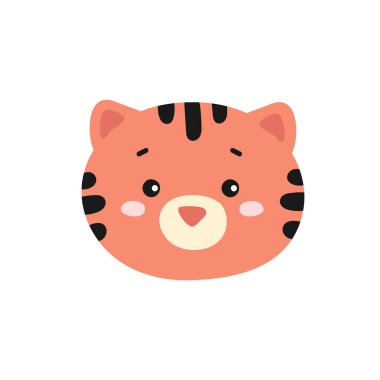 Şirin bir kaplanın yüzünün vektör çizimi. Beyaz arka planda izole edilmiş. Turuncu vahşi kedi. Komik çizgi film hayvanı. Tasarım, ağ ve grafik için. Düz biçim.
