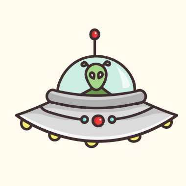 Bej arkaplanda bir uzay gemisinde karalama yapan bir uzaylının vektör çizimi. El yapımı UFO. Evren elementleri ve nesneler. Çizgi ve taslak canavarı. Uçan daire.