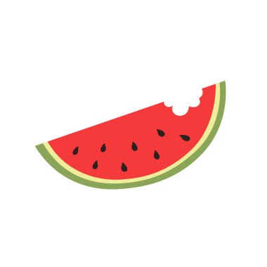 Isırılmış renkli, tohumlu karpuz tasviri. Vektör çizimi. Beyaz arka planda izole edilmiş. Tasarım, ağ, kartpostal, grafik için. Egzotik meyve.