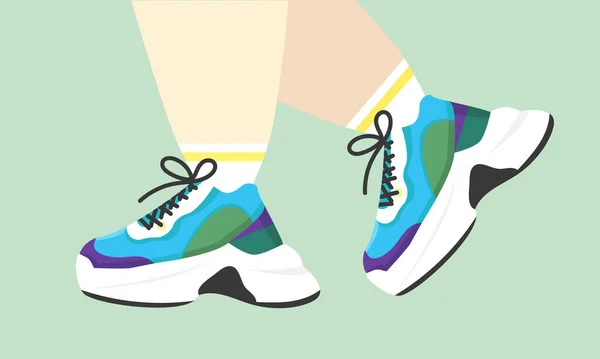 Illustration Vectorielle Une Paire Pieds Marche Baskets Colorées Chaussures Sport — Image vectorielle