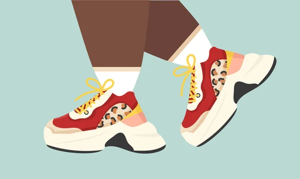 Ilustración Vectorial Pies Caminando Zapatillas Deporte Colores Patas Mujer Zapatos — Vector de stock
