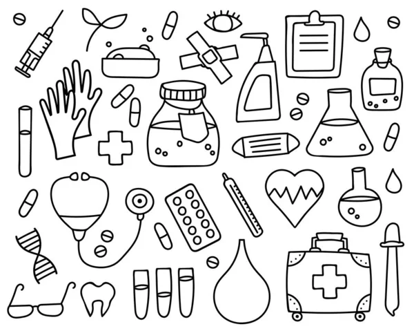 Illustrazione Vettoriale Doodle Set Elementi Medicali Oggetti Collezione Disegnato Mano — Vettoriale Stock