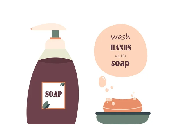 液体和固体肥皂的病媒图解 标语用肥皂洗手 与白色背景隔离 关心健康 香蕉素 有气泡的壶和肥皂架 用于设计 — 图库矢量图片