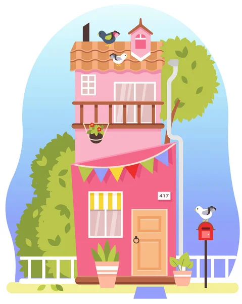 一个色彩斑斓的两层明亮的房子的矢量图解 夏日粉红的船屋装饰着树木 信箱和阳台 蓝色渐变背景 屋顶上的海鸥漂亮的平房 — 图库矢量图片