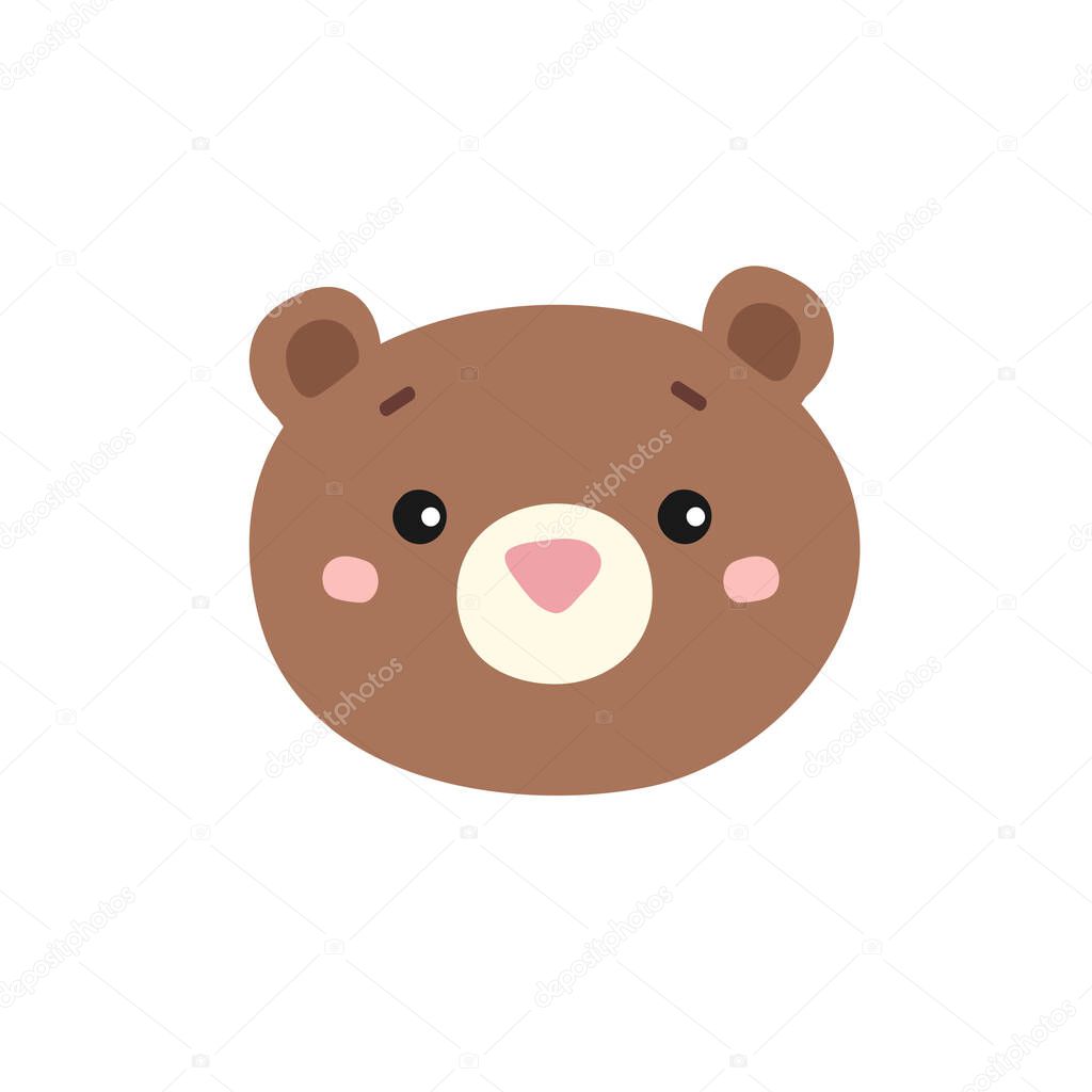 Vector illustration of a brown funny bear's face. Isolated on white background. Cute forest animal. For design, web, graphic, postcard. Hand drawn grizzly's head.