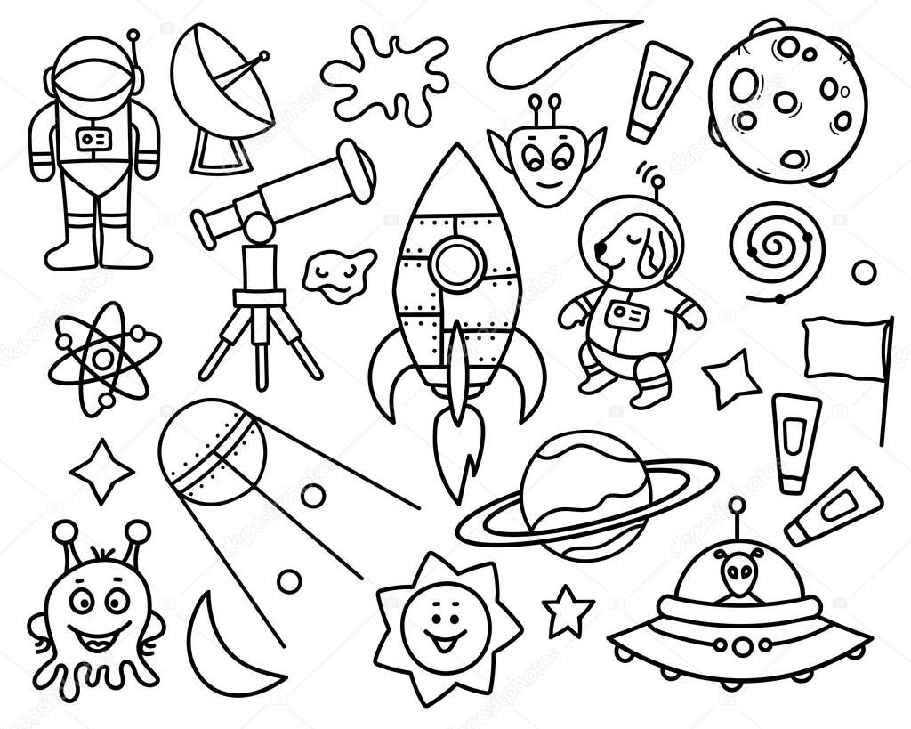  Set of doodle cosmic elements. Hand drawn vector illustration. Line and outline cosmos collection. Isolated on white background. Astronomy objects and elements.For web, design, graphic.