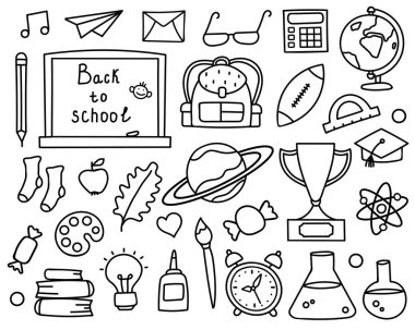 Okula. Vektör karalama ve çizgi okulu ilkokulları. Beyaz arka planda izole edilmiş. el çizimi çocuklar nesneler.