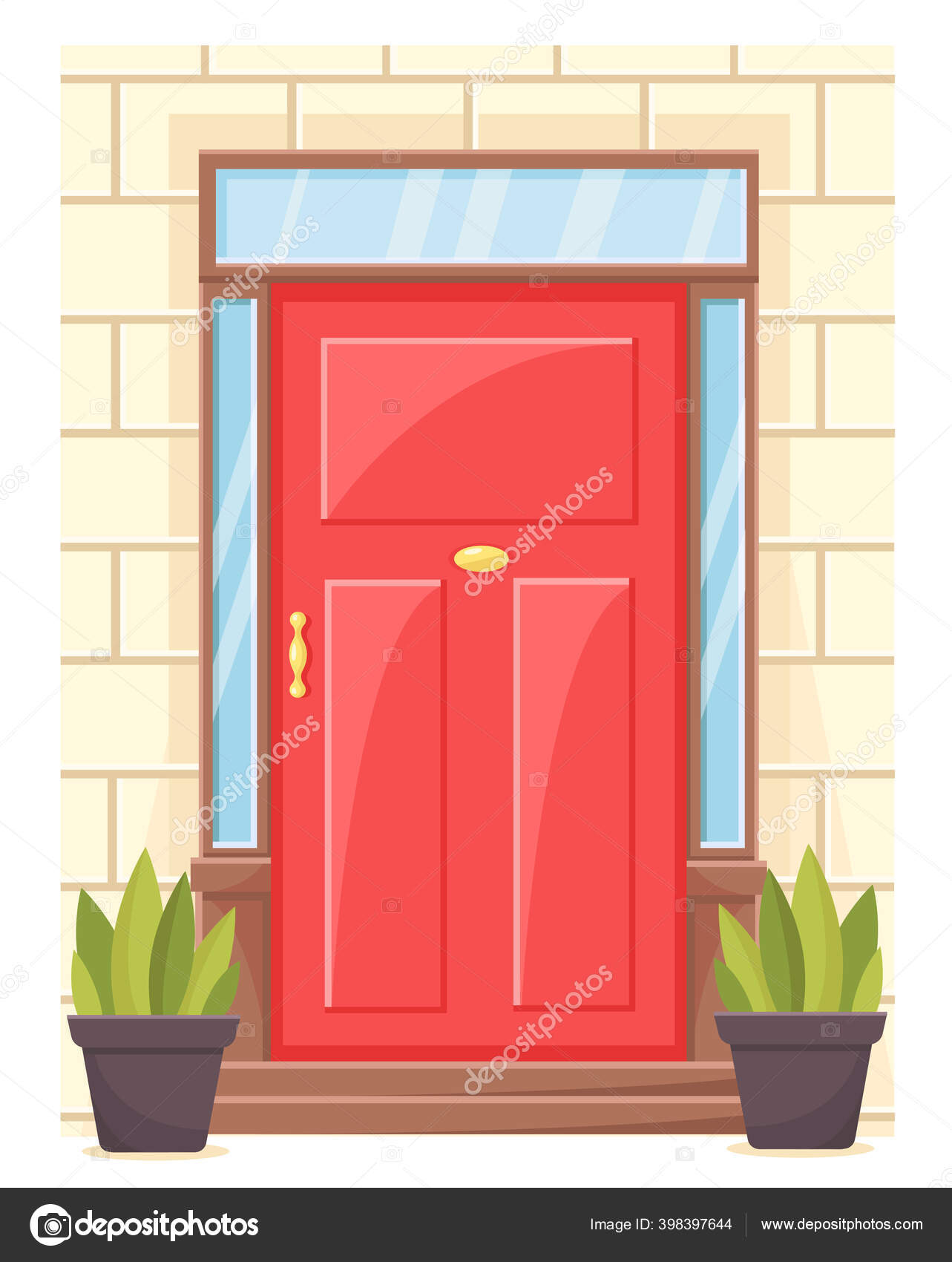 Closed front doors with stone frame for building facade. Vector cartoon set  of house entrance, red, brown and blue wooden doors with knobs and windows  isolated on white background Stock Vector