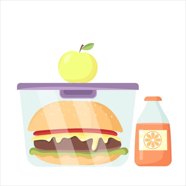 Vektor Kunststoff Lunchbox Mit Burger Apfel Und Flasche Mit Orangensaft — Stockvektor