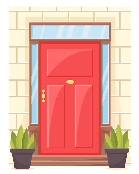 Ilustración Ector Una Puerta Entrada Roja Ladrillo Piedra Pared Blanca — Vector de stock