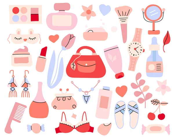 ドードルピンクと赤の美しさの要素のセット ベクトルイラスト ラインとアウトラインコレクション化粧品 白い背景に隔離されている 手描きの化粧道具 デザイン グラフィック ウェブのために — ストックベクタ