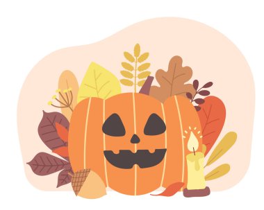 Sonbahar bitkisinin arka planında bir cadılar bayramı balkabağının vektör çizimi. Düz stil. Gülümseyen kötü yüzlü kırmızı komik balkabağı. Ekim kutlama elementi. Tasarım, web, grafik sanatı..