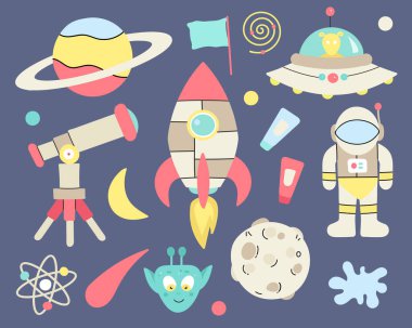 Renkli kozmik elementler kümesi. El çizimi vektör çizimi. Düz çizgi evren koleksiyonu. Mavi arka planda izole edilmiş. Astronomi nesneleri ve elementleri. Web, tasarım, grafik için.