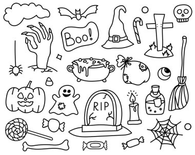 Karalama kutlaması kutlaması elementlerinin vektör kümesi. Gece partisinin sevimli el çizimleri objeleri. Beyaz arkaplanda izole edilmiş. Ağ, tasarım ve grafik için ana hatlar ve sihir koleksiyonu.