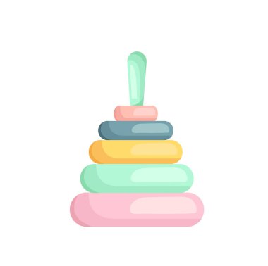 Bebek için vektör dairesi piramidi. Yeni doğan bebekler için çok renkli oyuncaklar geliştiriyoruz. Beyaz arka planda izole edilmiş. Çizgi film tarzı. Web, grafik, tasarım için illüstrasyon.