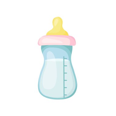  Bebek plastik süt şişesi çizgi film tarzında. Çocuğun besin kaynağı beyaz arka planda izole edilmiş. Annesinin beslenme ekipmanları..