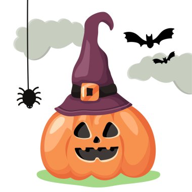 Beyaz arka planda izole edilmiş sihirli mor bir şapka içinde Cadılar Bayramı balkabağı gülme vektörü. Gece partisi. Yarasalar, bulutlar ve örümcek. Yüzü olan sonbahar sebzesi. çizgi film biçimi.