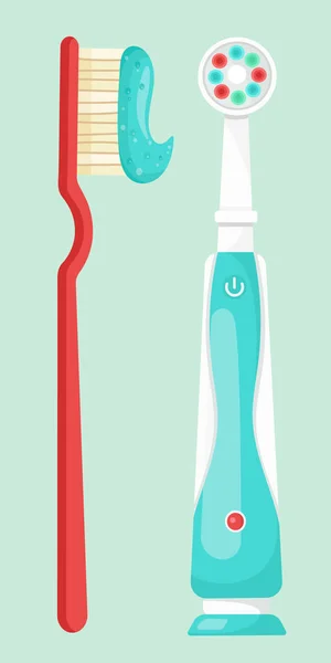 两种类型的牙刷的矢量图解 刷毛和电刷 被隔离在蓝色的背景下 一套用于日常口腔清洁的装置 卡通风格 — 图库矢量图片