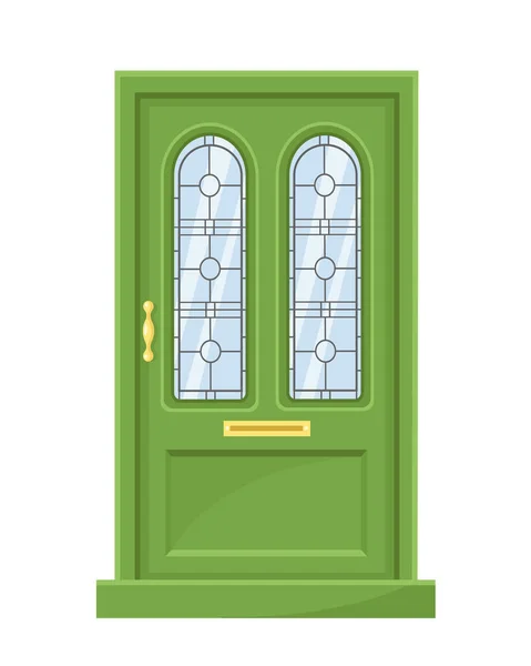 Porte Entrée Vectorielle Verte Avec Verre Décoratif Style Vintage Isolé — Image vectorielle