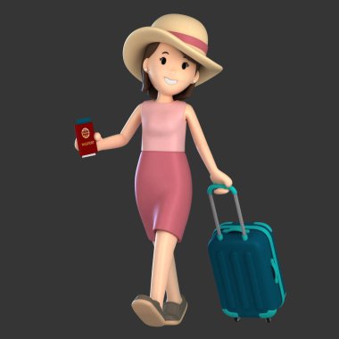 Yetişkin bir dişi bir Bagaj ve pasaport ile 3D render