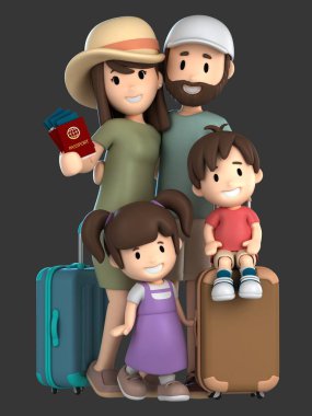 ailesinin tatil seyahat sahip bir 3D render