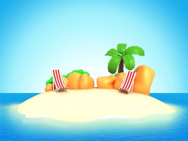 şemsiye ve Hindistan cevizi ağacı ile şirin bir ada 3D render