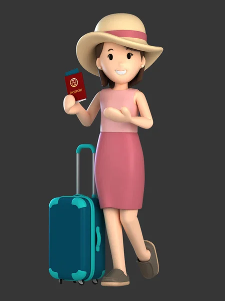 Darstellung Einer Erwachsenen Frau Mit Gepäck Und Reisepass — Stockfoto