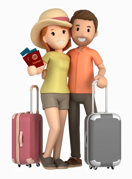 Render Couple Taking Vacation Holding Passport — Stock Photo, Image