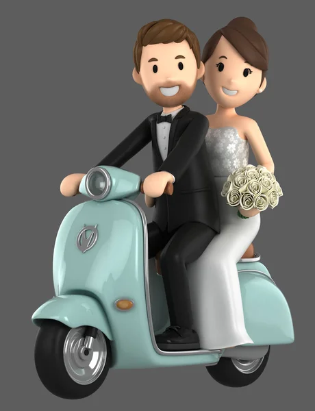 新结婚夫妇骑自行车的插图 — 图库照片