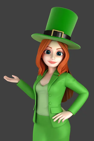 Render Kvinna Som Bär Leprechaun Hatt Presentera Något — Stockfoto