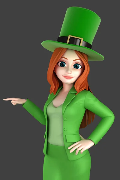 Render Uma Mulher Vestindo Leprechaun Chapéu Apontando Algo — Fotografia de Stock